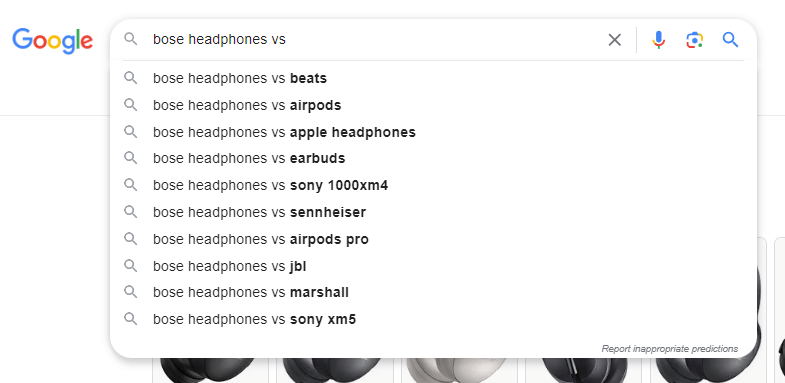 Google's Autosuggest for Bose headphones vs… 