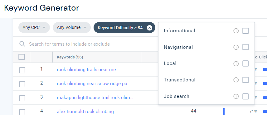 The search intent filter on the Similarweb Keyword Generator 