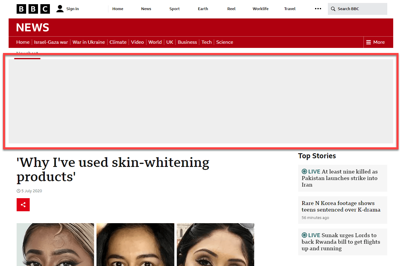 BBC news site reserving space for an ad