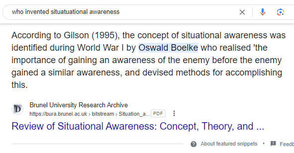 Featured Snippet defining Situational awareness that highlights Oswald Boelke