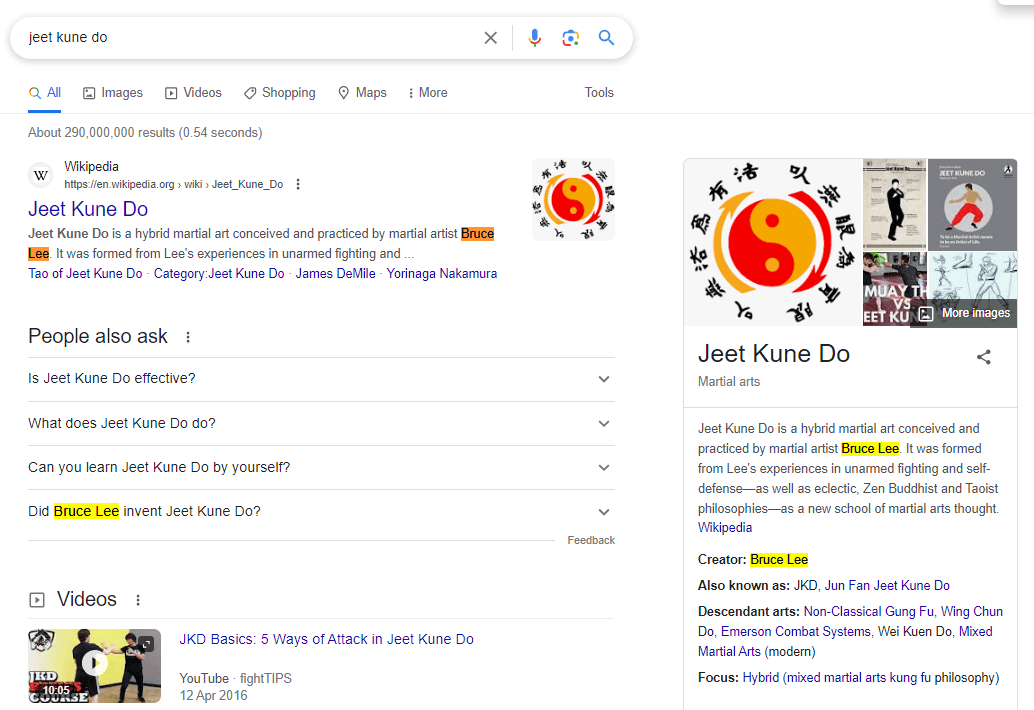 Google SERP fro Jeet Kune Do