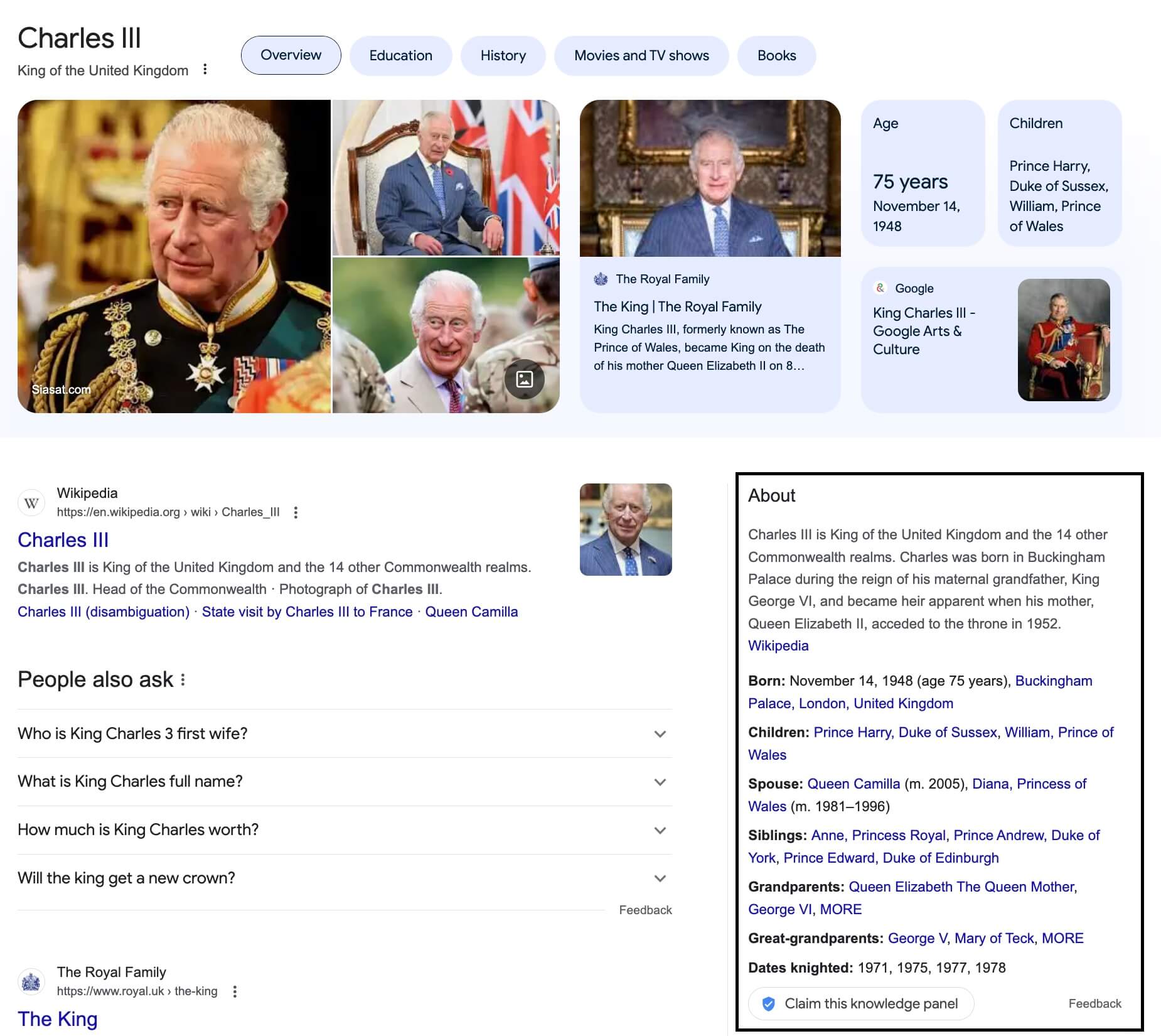 Knowledge Panel for Charles III