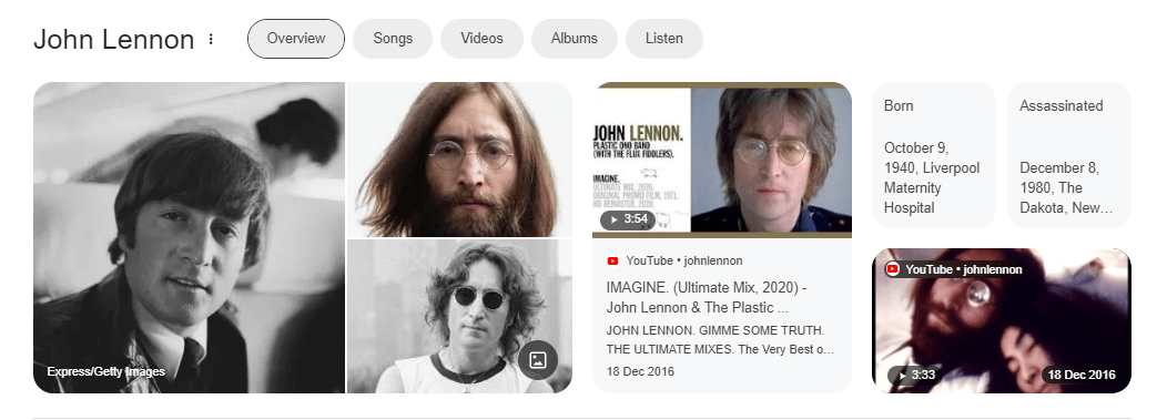 Knowledge Panel for John Lennon's Google entity