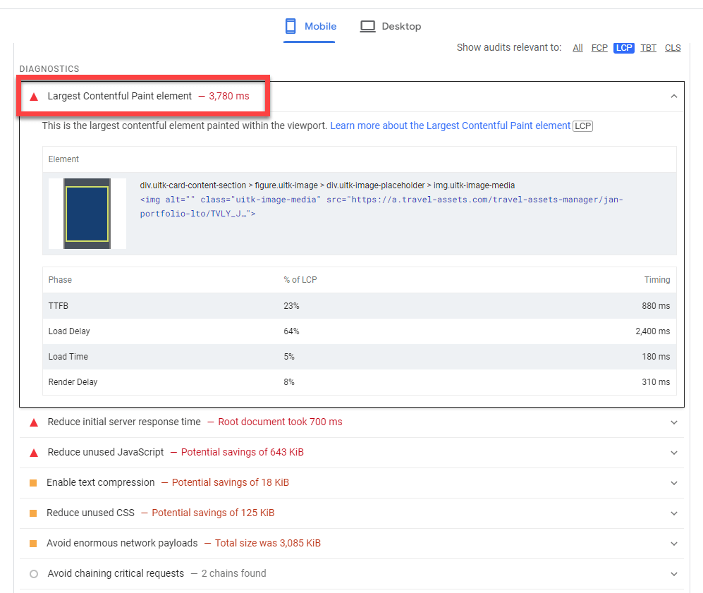 Largest Contentful Paint issues in PageSpeed Insights