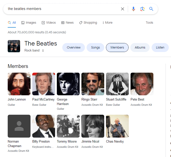 Members tab on the Beatles Knowledge Panel