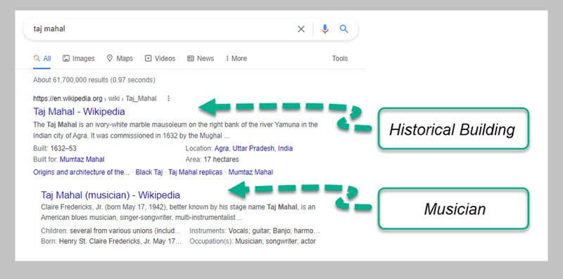 Taj Mahal appearing in Google as a musician and a historical building
