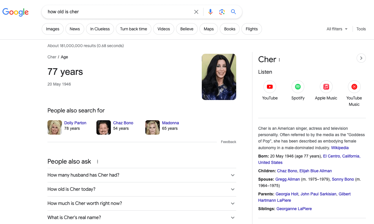 Cher serp features for How old is Cher