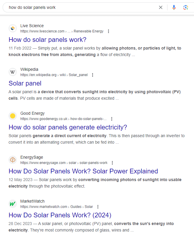 Google SERPs for the keyword 'how do solar panels work'