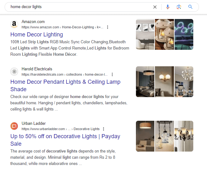 Home decor lights - Google SERP