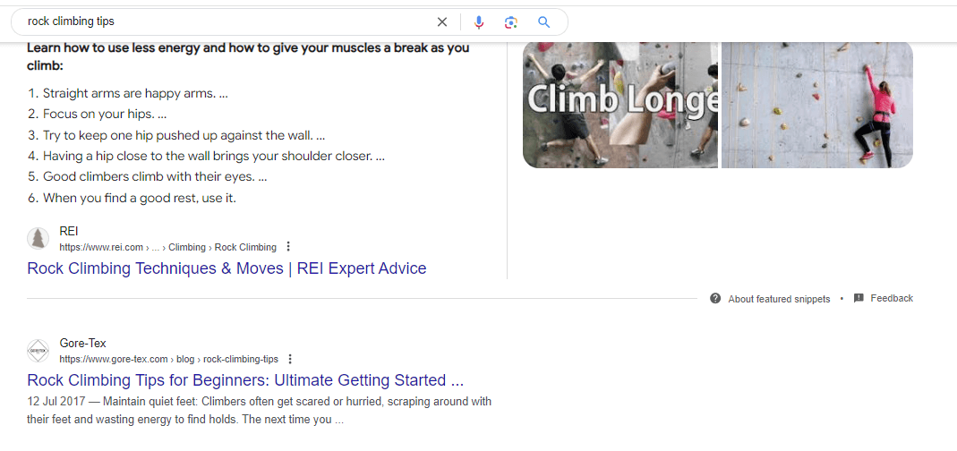 Rock climbing tips - Google SERP