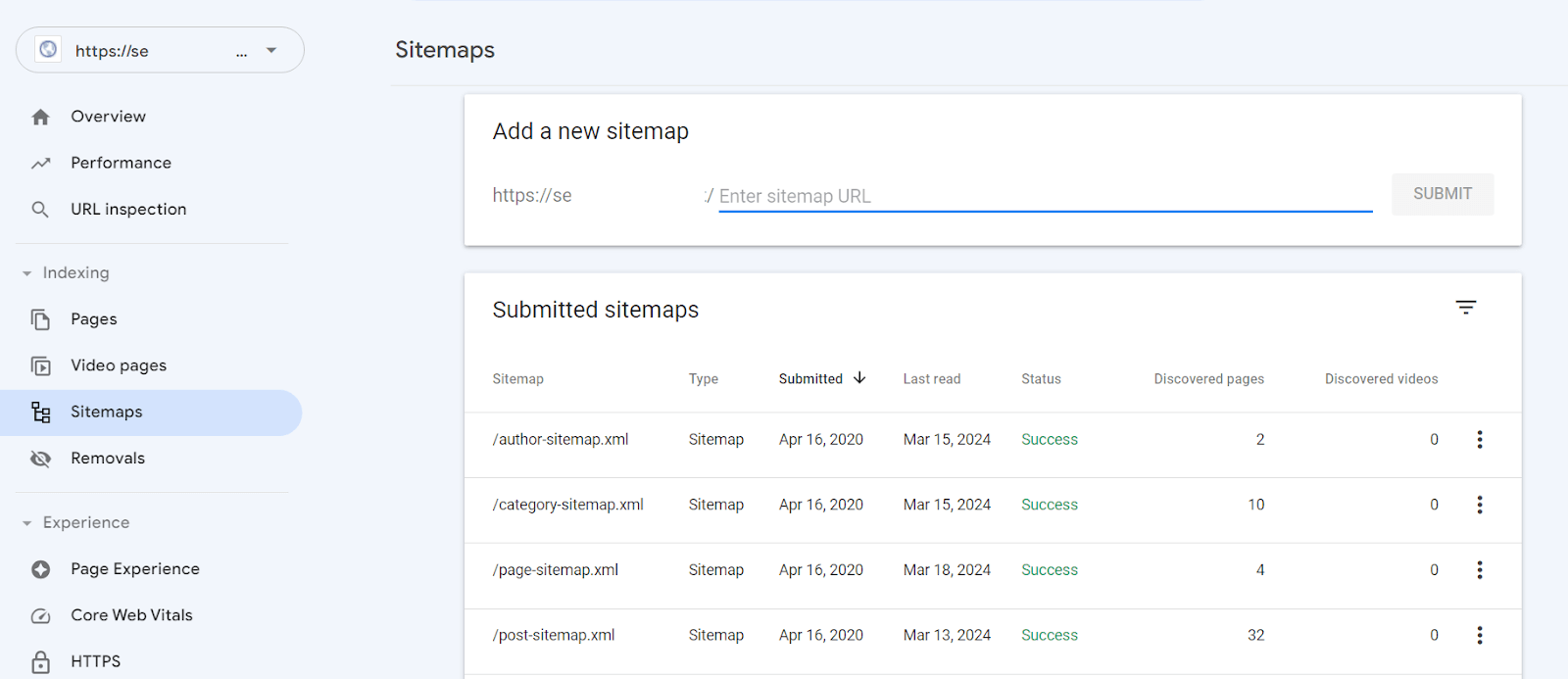 Search Console Sitemaps report