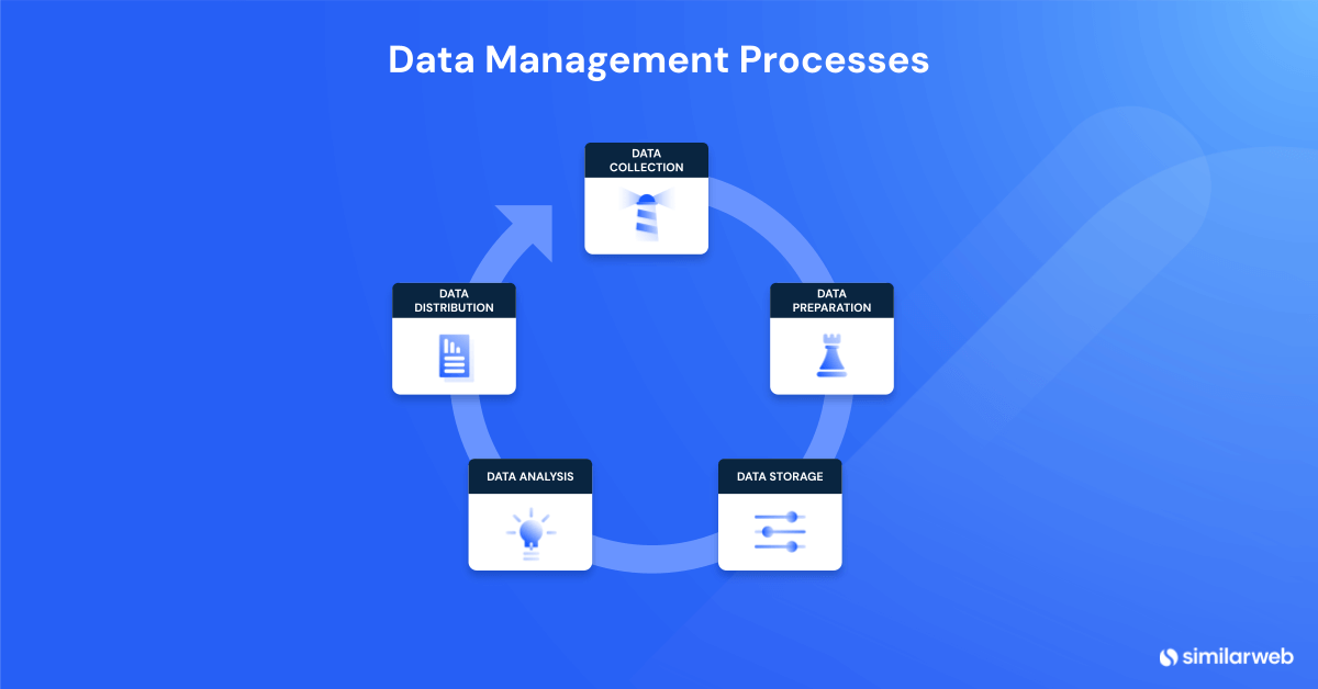 Illustration of data management processes on a circular arrow. 