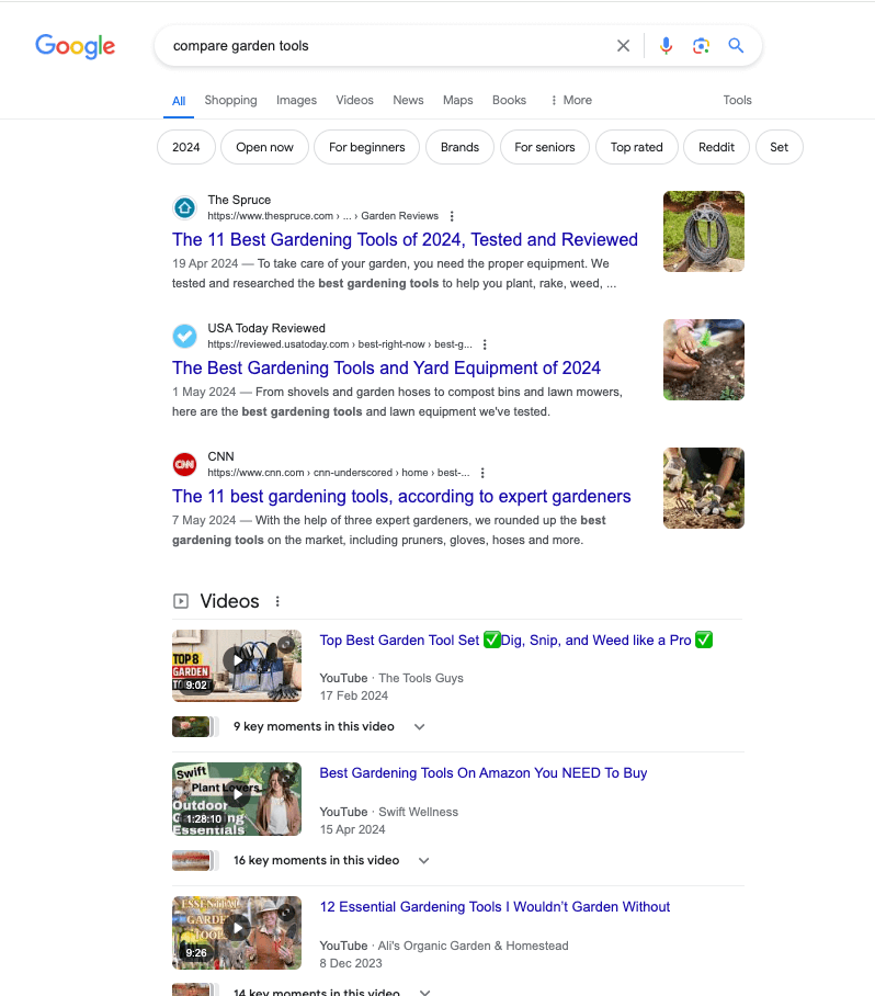 Compare garden tools SERP