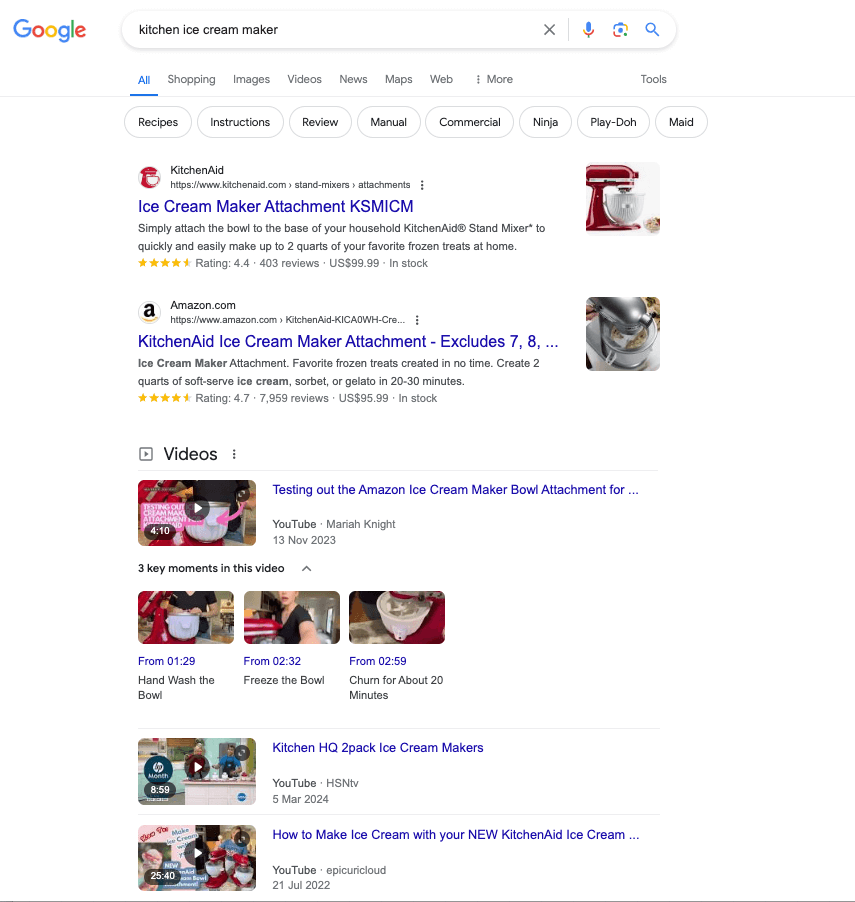 Google SERP for kitchen ice cream maker