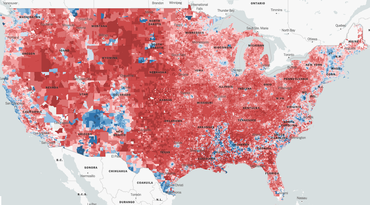 An illustration of the United States with gradients of red indicating predominantly republican voting areas and gradients of blue indicting predominantly democrat voting areas