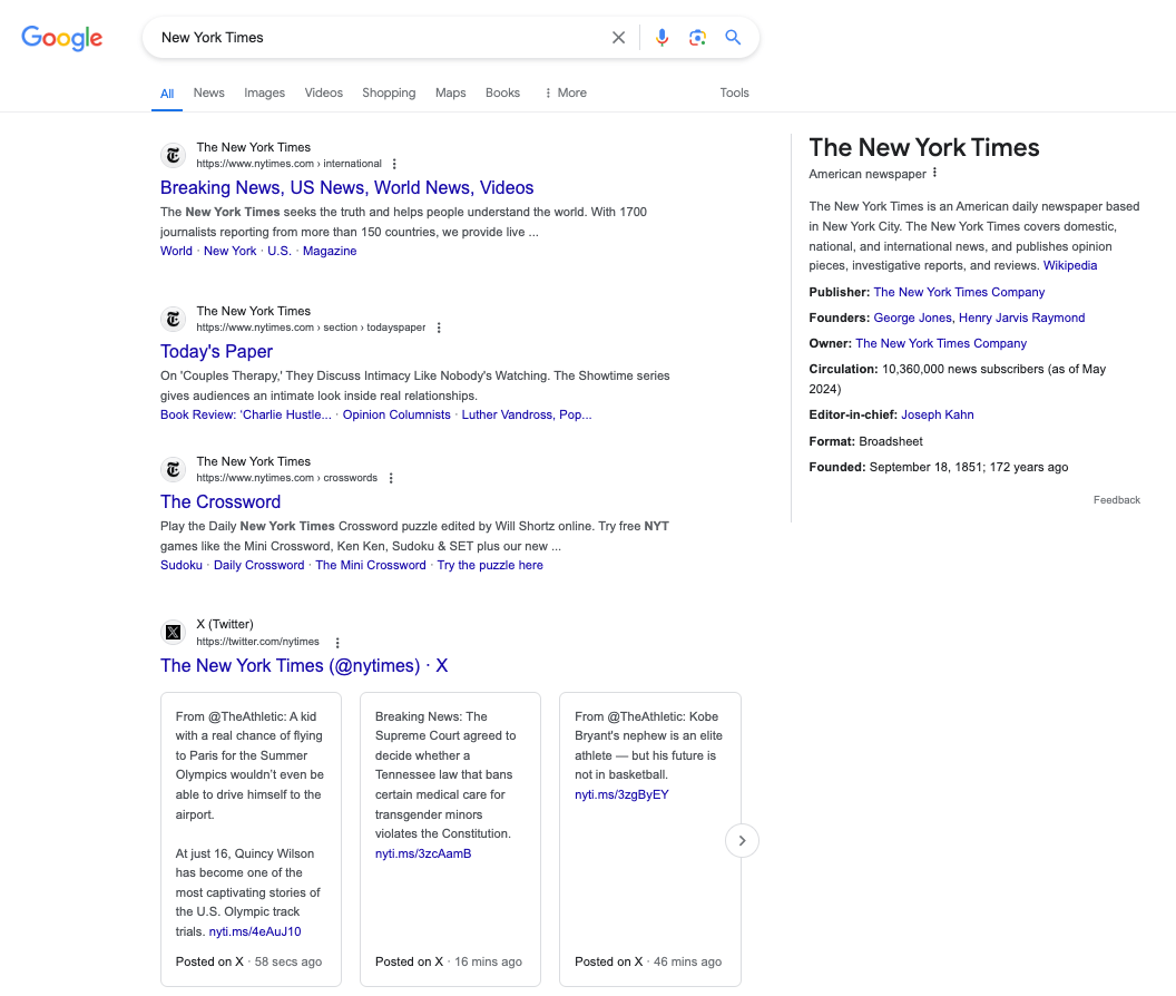 New York Times SERP