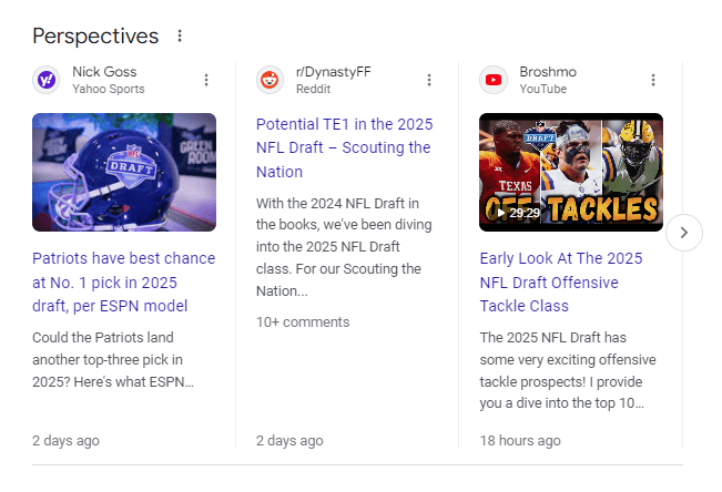 Perspective SERP feature on the NFL draft SERP