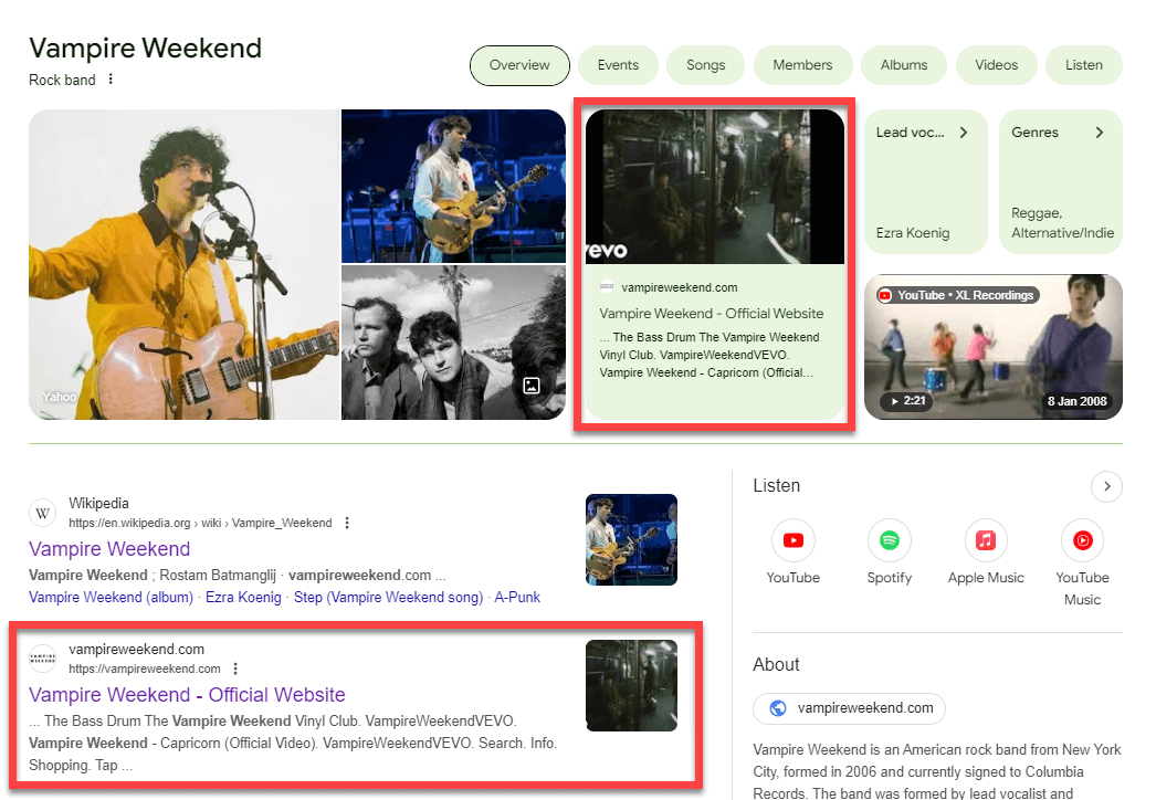 Vampire Weekend brand SERP