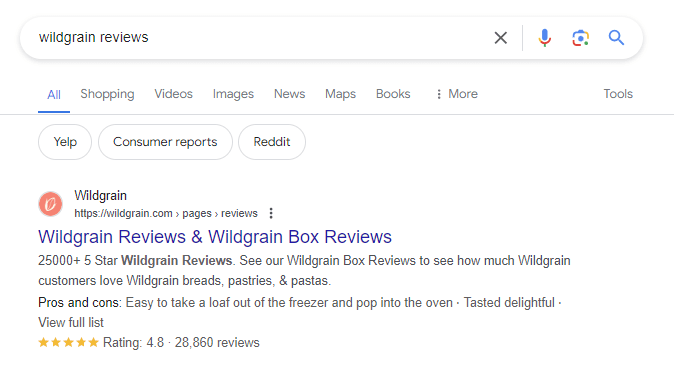 Wildgrain reviews SERP