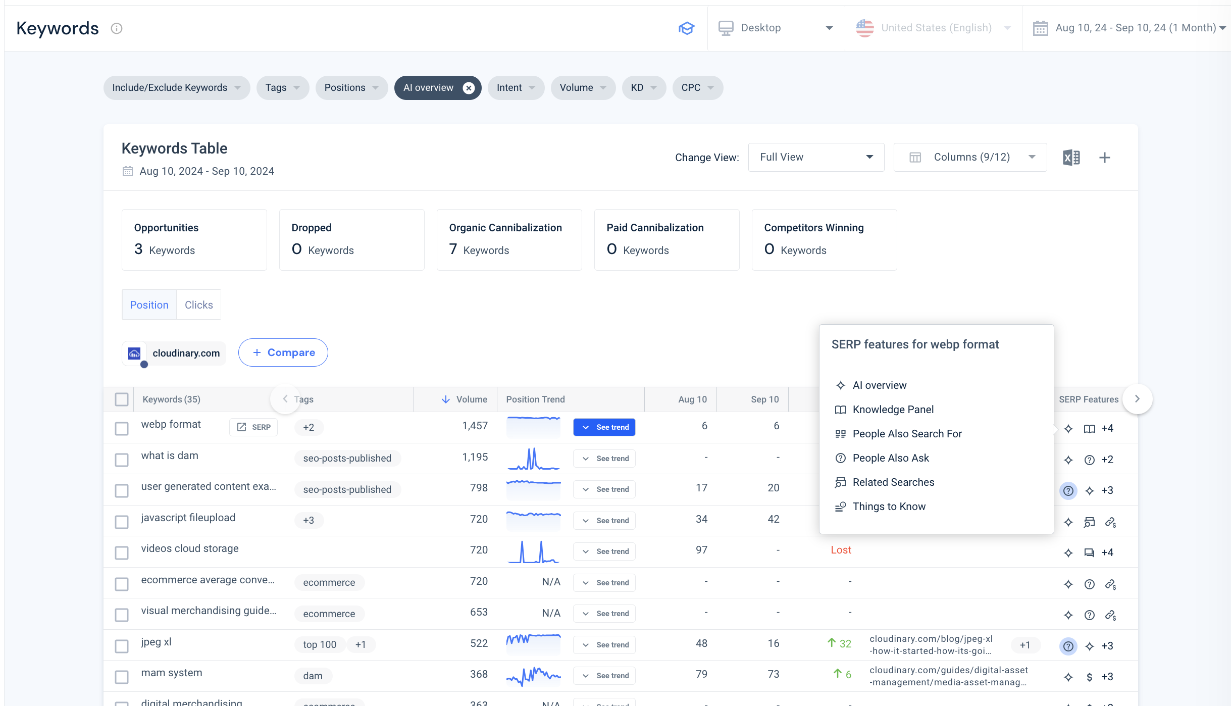 A screenshot from Similarweb's platform showing how to analyze Google's AI Overviews. 