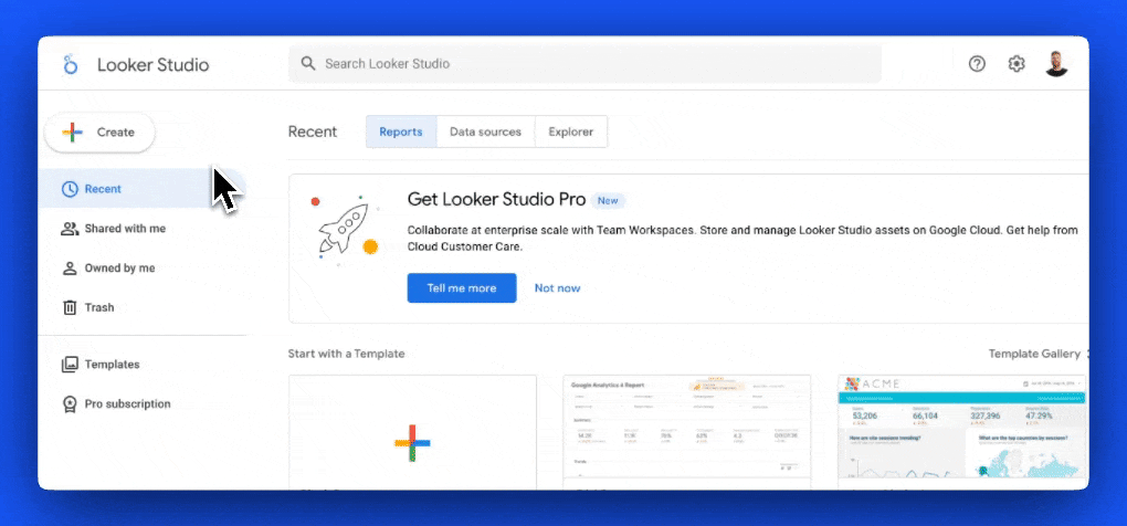 A gif showing how you can find Similarweb connectors in Google Looker Studio.