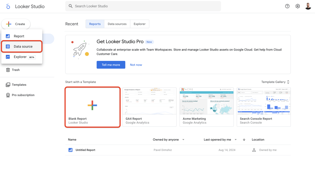 Screenshot of how you start to create a new report in Google Looker Studio