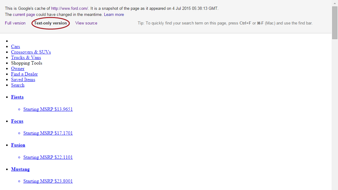 text-only version of ford.com google cache