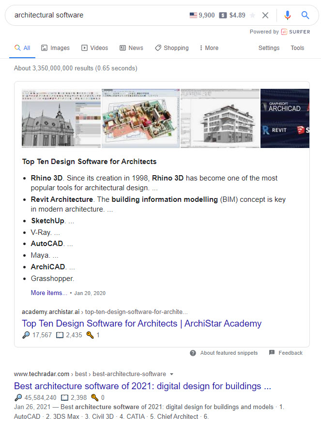 Google SERP for architectural software