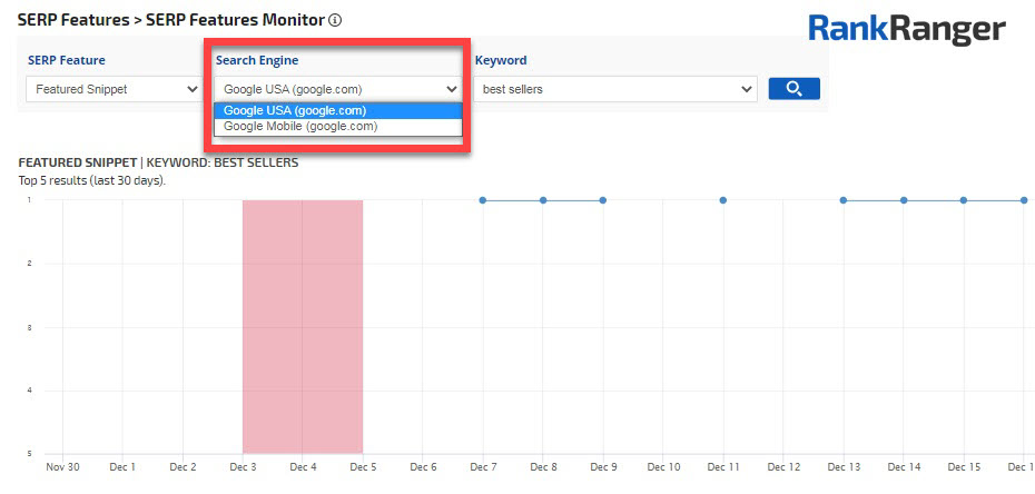 SERP Feature Monitor search engine dropdown