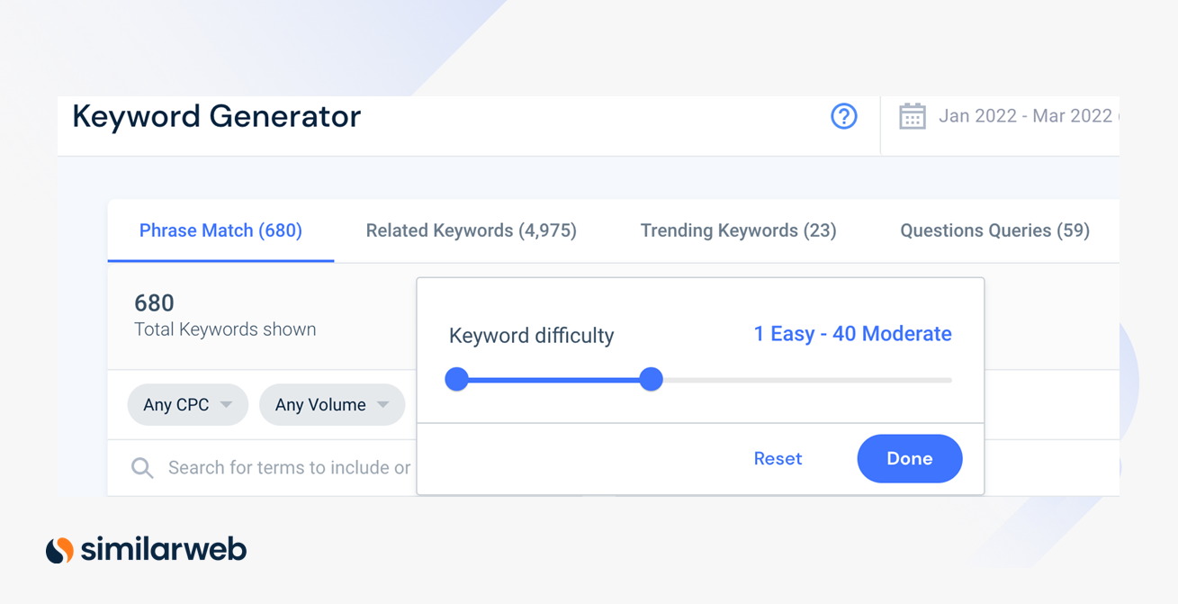 Screenshot of how to select keyword difficulty range.