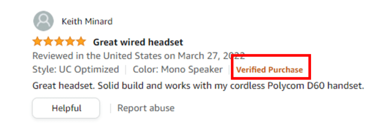 An example of a “Verified Purchase” on Amazon with a customer review.