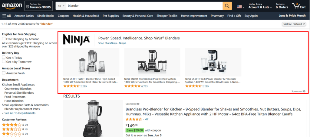 Example of “Ninja” brand’s headline search ads on Amazon.