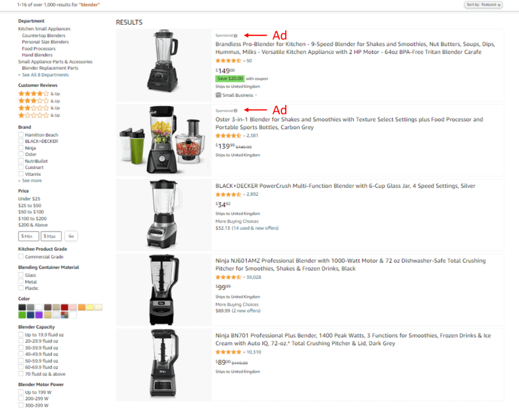 An example of where sponsored ads are displayed on Amazon.