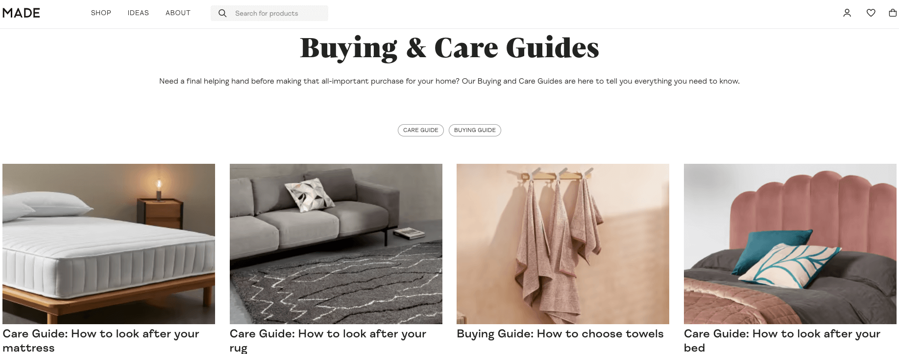 Home decor brand, Made, as an example of a blog that features product buying guides. 