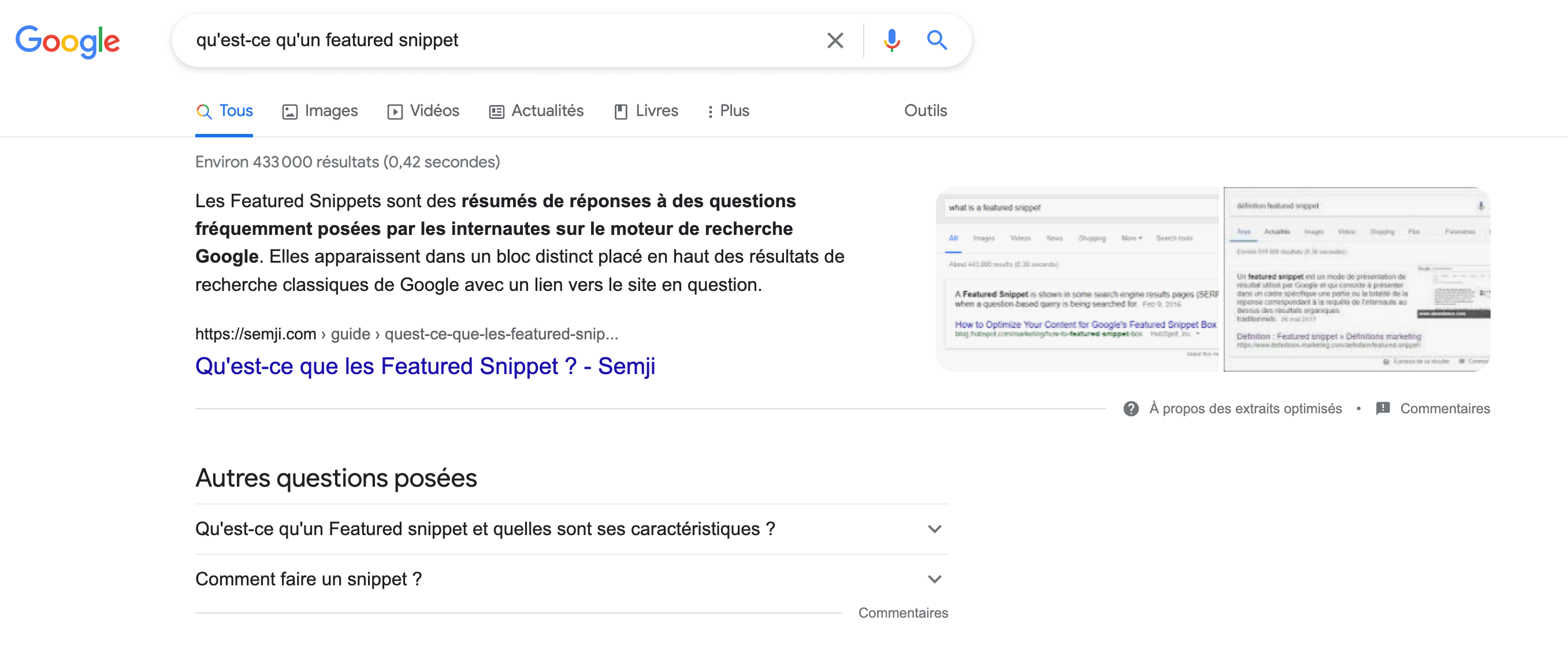 Résultats Google pour "qu'est-ce qu'un featured snippet"