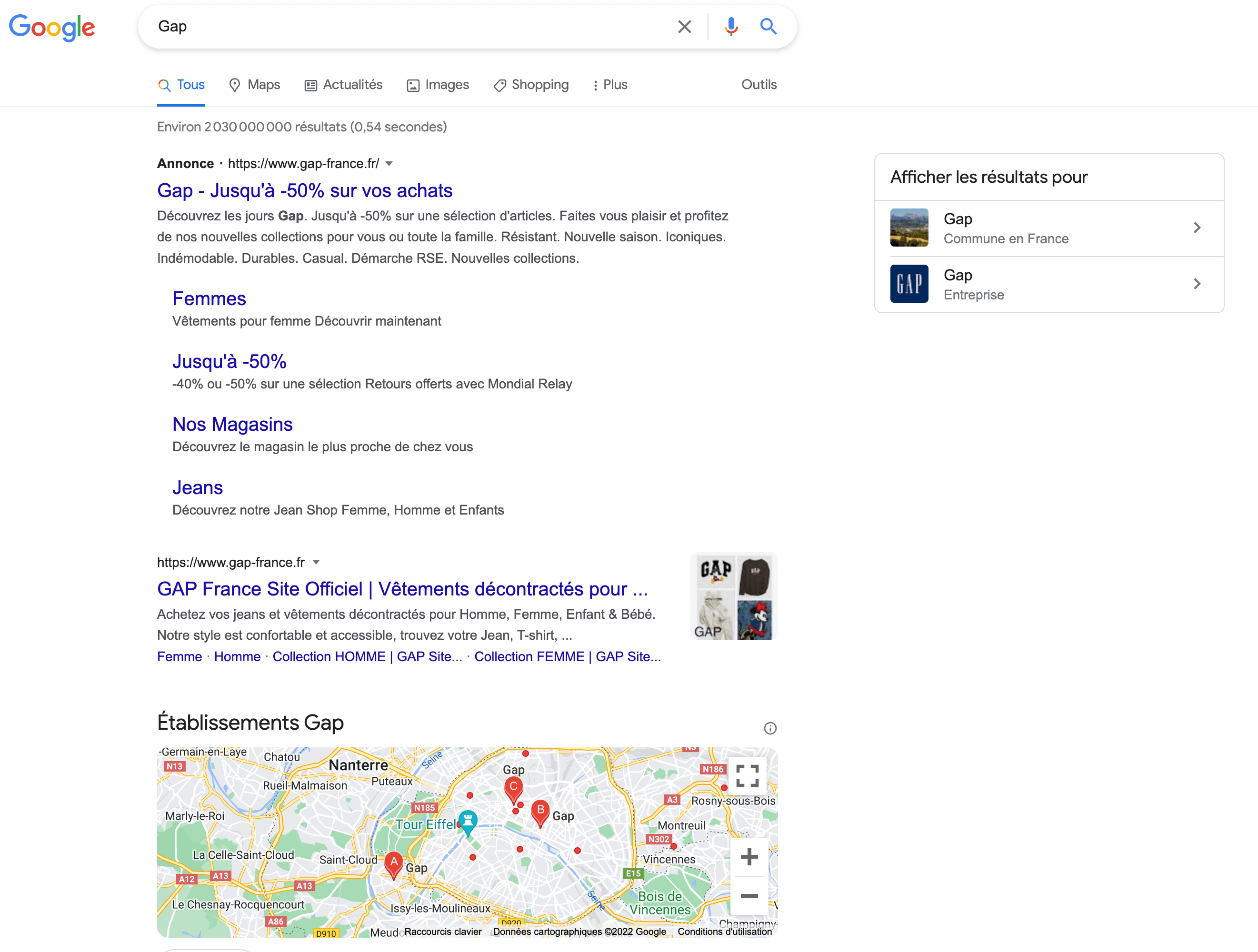 Résultats Google pour "Gap", un mot-clé avec une intention de recherche navigationnelle