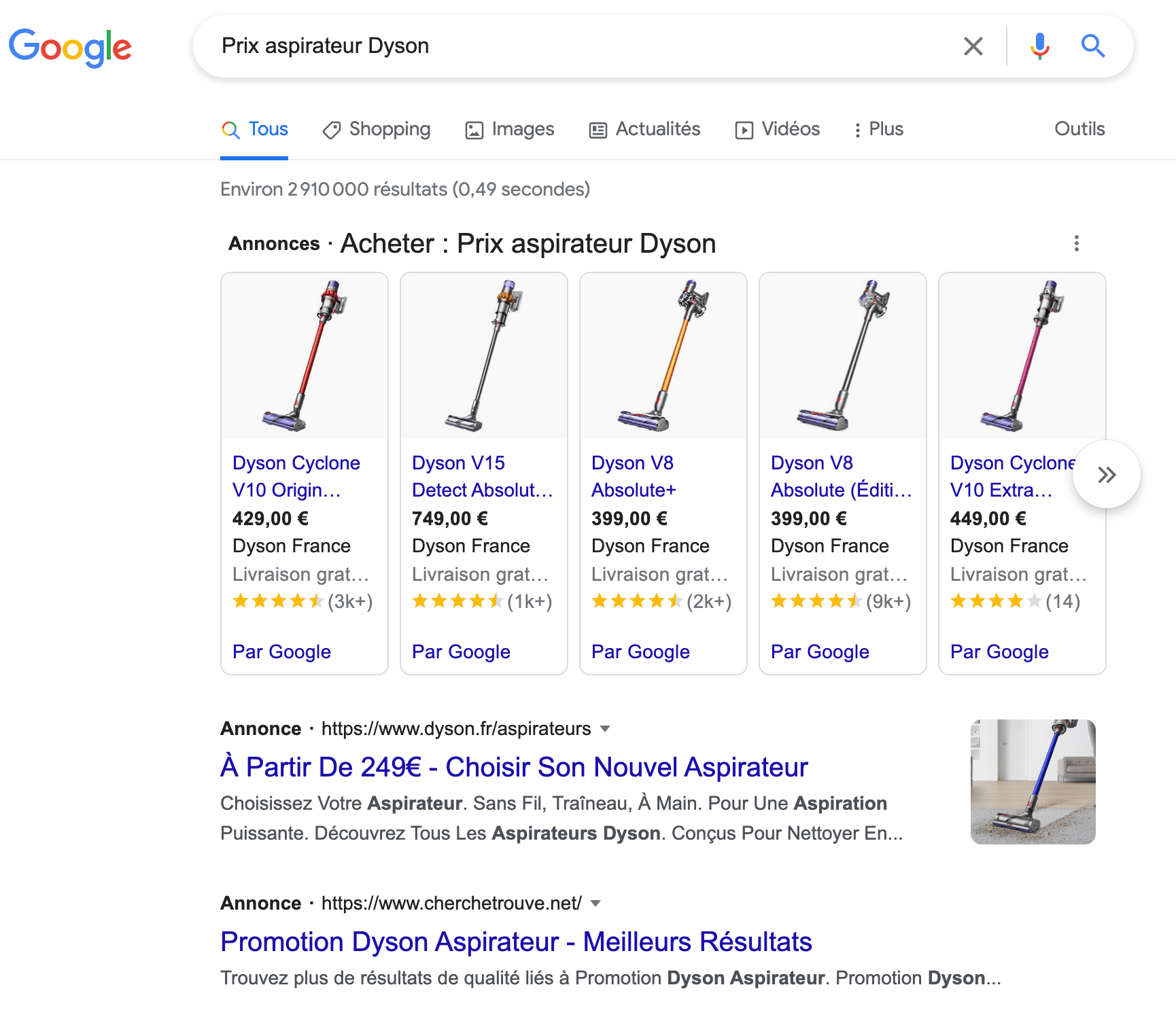 Page de résultats Google pour "Prix des aspirateurs Dyson", un mot-clé avec une intention de recherche transactionnelle.