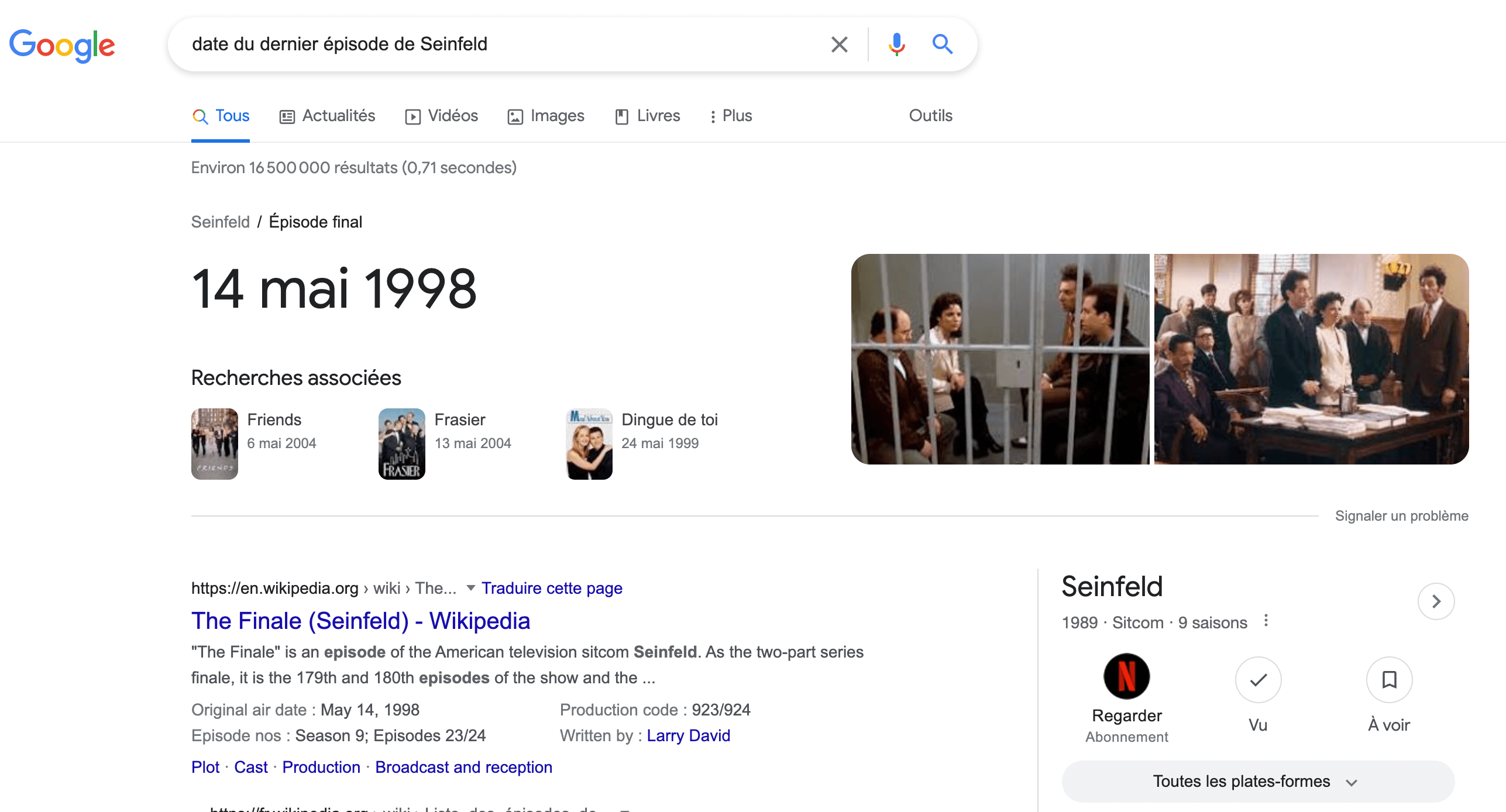 Résultats Google pour "date du dernier épisode de Seinfeld", un mot-clé avec une intention de recherche informationnelle.